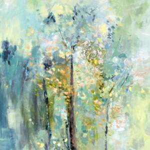 Another Time, Another Place, original oil peach and yellow tree painting by Canadian artist Denna Erickson at Effusion Art Gallery in Invermere, BC.