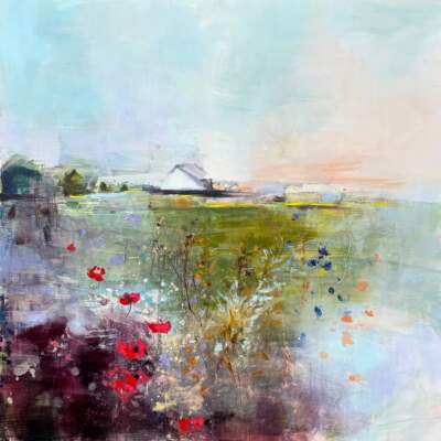 Prairie Skies, original oil landscape painting of a little house on the prairie by Canadian artist Denna Erickson at Effusion Art Gallery in Invermere, BC.
