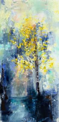 Twilight, original oil yellow tree painting by Canadian artist Denna Erickson at Effusion Art Gallery in Invermere, BC.