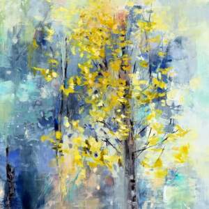 Twilight, original oil yellow tree painting by Canadian artist Denna Erickson at Effusion Art Gallery in Invermere, BC.