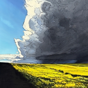 All Over You, original acrylic + marker prairie landscape painting by Canadian artist Michaela Hoppe at Effusion Art Gallery in Invermere, BC.