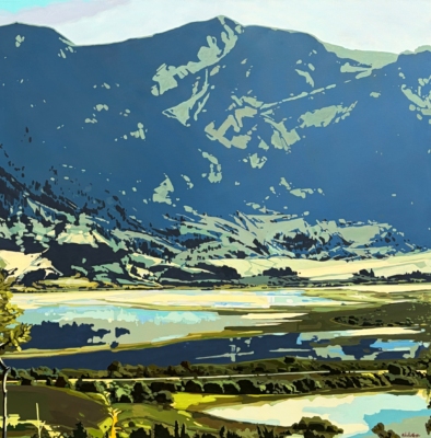 Invermere, original acrylic local mountain landscape painting by Canadian artist Michaela Hoppe at Effusion Art Gallery in Invermere, BC.