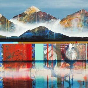 Nouveau parcours, original mixed media canoe painting by Canadian artist Sylvain Leblanc at Effusion Art Gallery in Invermere, BC.