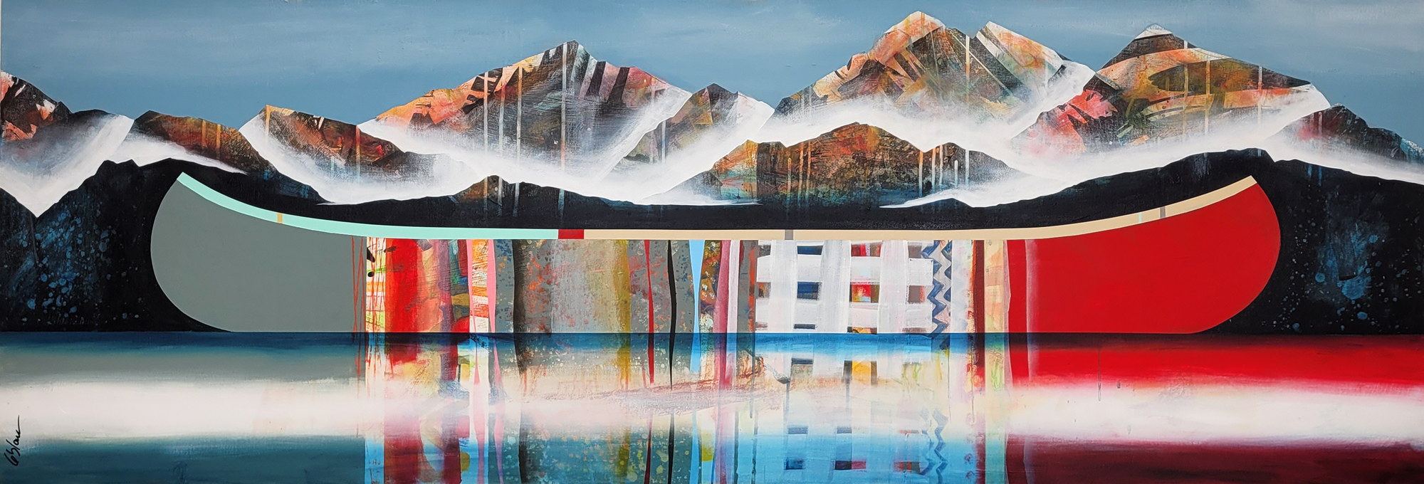 What a Beautiful Day, original mixed media canoe painting by Canadian artist Sylvain Leblanc at Effusion Art Gallery in Invermere, BC.