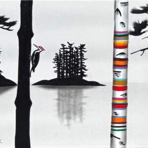 Knock, Knock, Who's There? Original mixed media lake landscape painting with a woodpecker and canoe by Canadian artist Natasha Miller at Effusion Art Gallery in Invermere, BC.