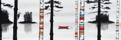 Knock, Knock, Who's There? Original mixed media lake landscape painting with a woodpecker and canoe by Canadian artist Natasha Miller at Effusion Art Gallery in Invermere, BC.