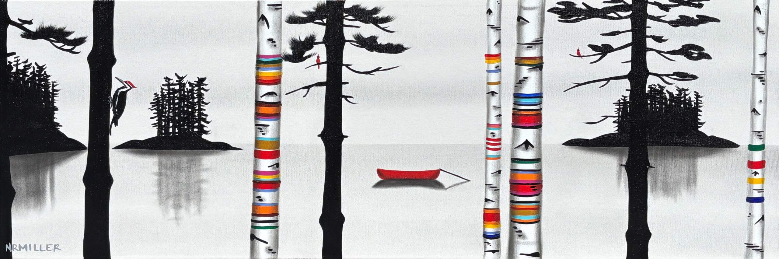 Knock, Knock, Who's There? Original mixed media lake landscape painting with a woodpecker and canoe by Canadian artist Natasha Miller at Effusion Art Gallery in Invermere, BC.