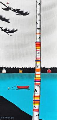 Leading You Back, original mixed media lake landscape and canoe painting by Canadian artist Natasha Miller at Effusion Art Gallery in Invermere, BC.