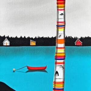 Leading You Back, original mixed media lake landscape and canoe painting by Canadian artist Natasha Miller at Effusion Art Gallery in Invermere, BC.