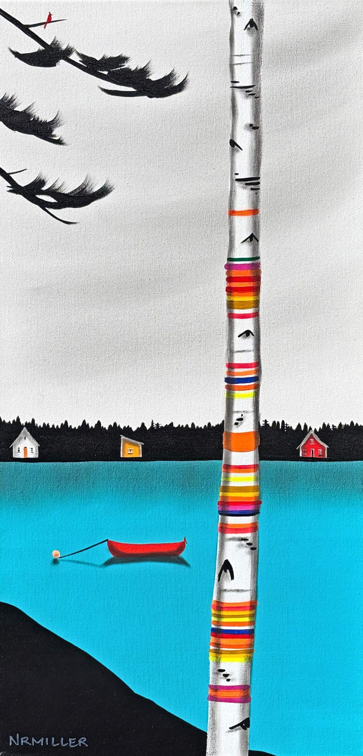 Leading You Back, original mixed media lake landscape and canoe painting by Canadian artist Natasha Miller at Effusion Art Gallery in Invermere, BC.