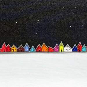 Still Night, original mixed media painting of tiny ski chalets at night by Canadian artist Natasha Miller at Effusion Art Gallery in Invermere, BC.