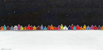 Still Night, original mixed media painting of tiny ski chalets at night by Canadian artist Natasha Miller at Effusion Art Gallery in Invermere, BC.