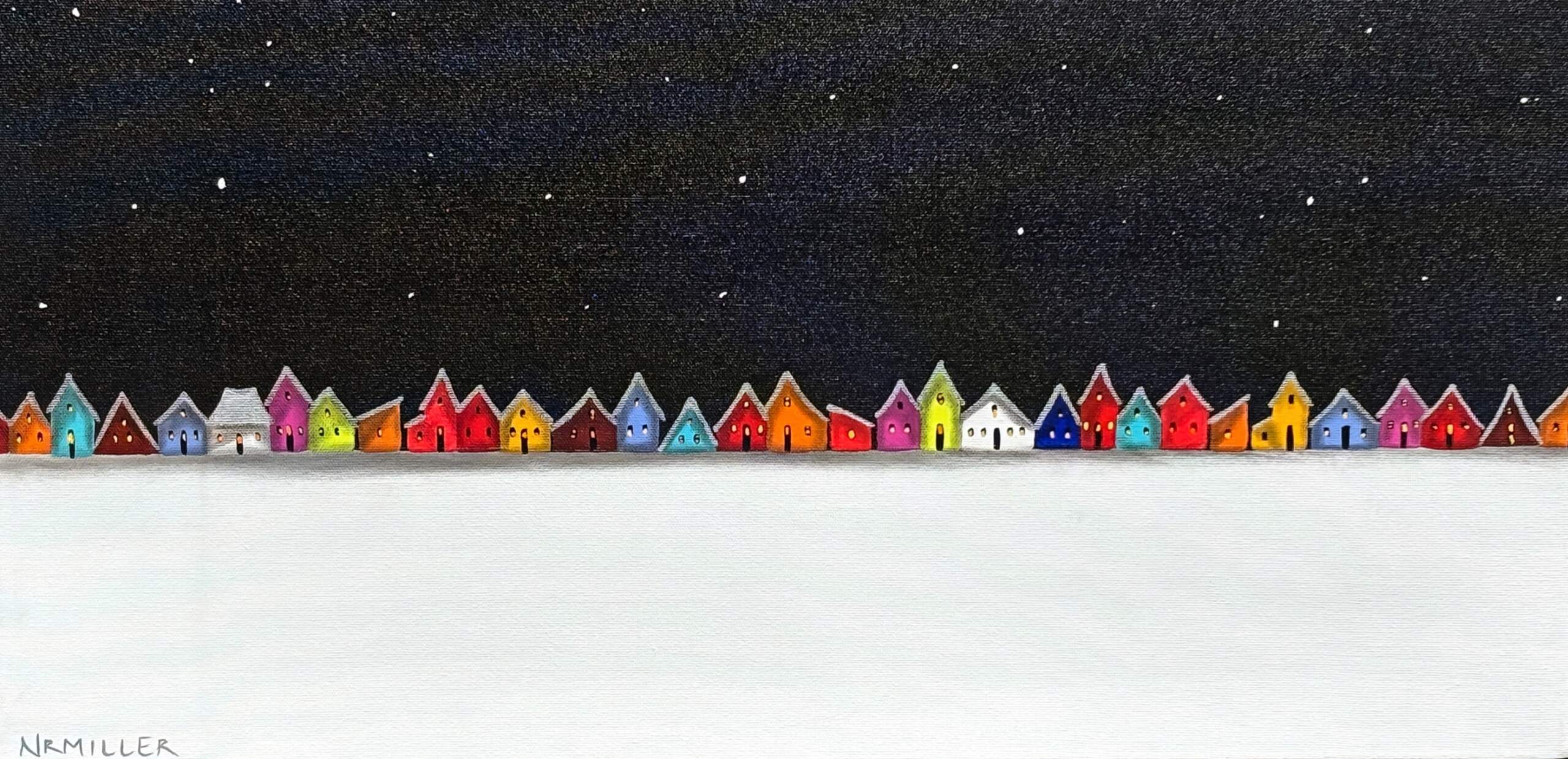 Still Night, original mixed media painting of tiny ski chalets at night by Canadian artist Natasha Miller at Effusion Art Gallery in Invermere, BC.