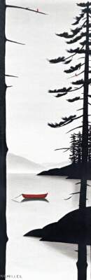 The Heart and Soul, original mixed media lake landscape and canoe painting by Canadian artist Natasha Miller at Effusion Art Gallery in Invermere, BC.