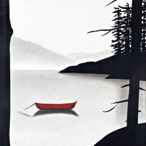 The Heart and Soul, original mixed media lake landscape and canoe painting by Canadian artist Natasha Miller at Effusion Art Gallery in Invermere, BC.