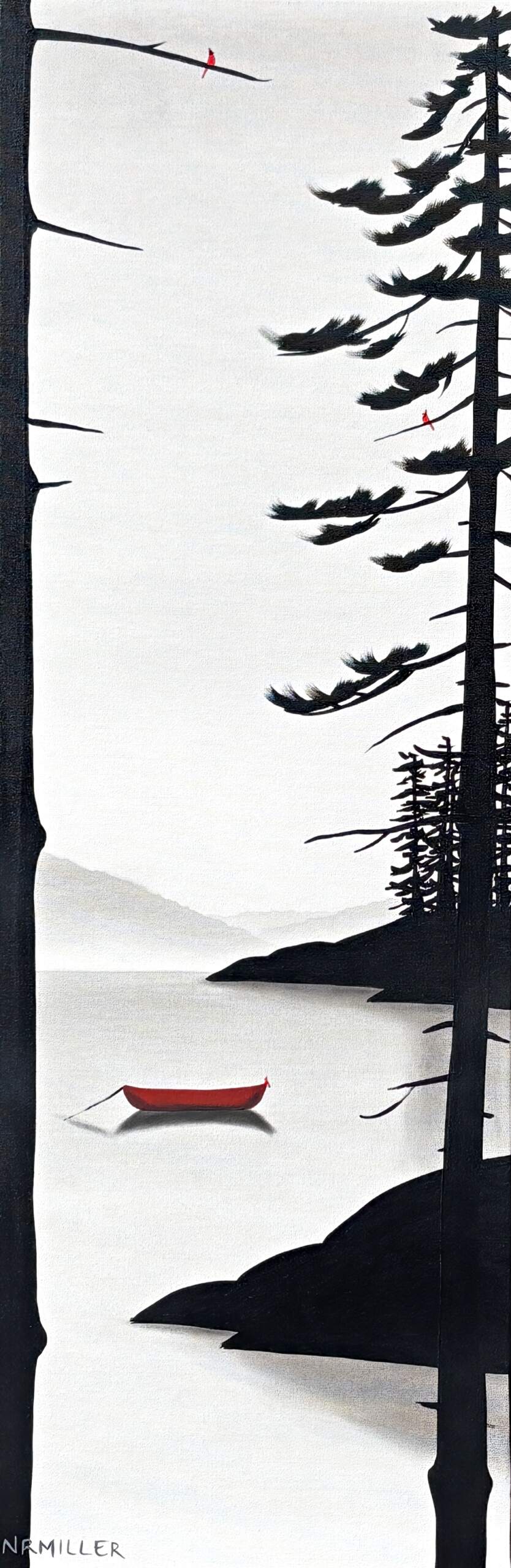The Heart and Soul, original mixed media lake landscape and canoe painting by Canadian artist Natasha Miller at Effusion Art Gallery in Invermere, BC.