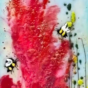 Blooming Brushstrokes, original mini encaustic painting of bees and red flowers by Canadian artist Cindy Obuck at Effusion Art Gallery in Invermere, BC.
