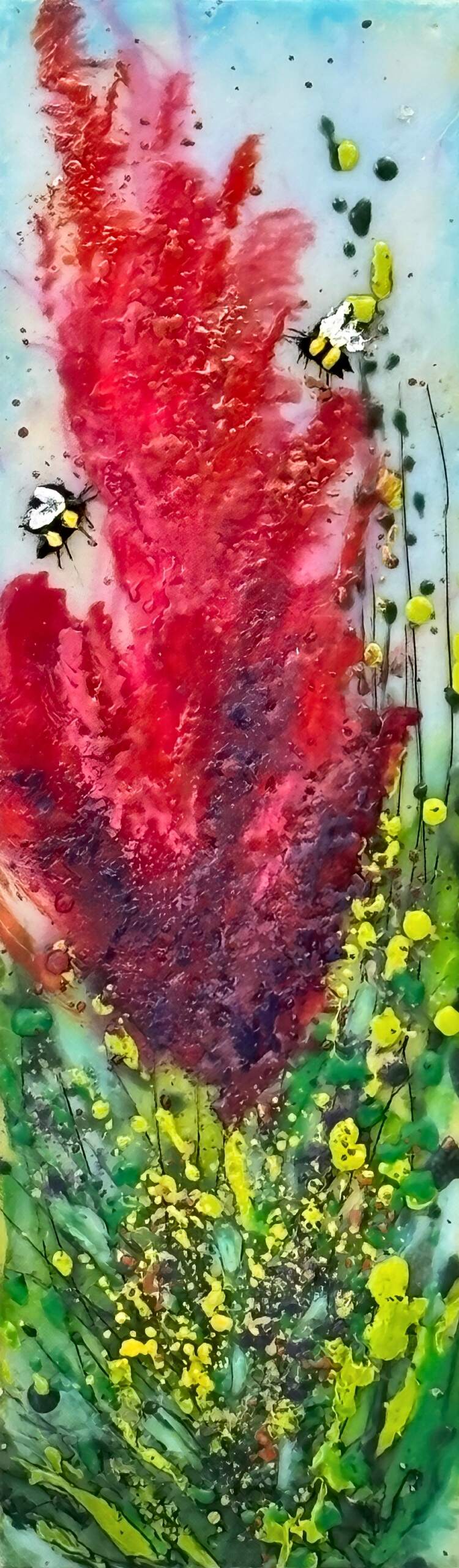 Blooming Brushstrokes, original mini encaustic painting of bees and red flowers by Canadian artist Cindy Obuck at Effusion Art Gallery in Invermere, BC.