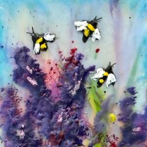 Buzzing in Lupine, original mini encaustic painting of bees and purple flowers by Canadian artist Cindy Obuck at Effusion Art Gallery in Invermere, BC.