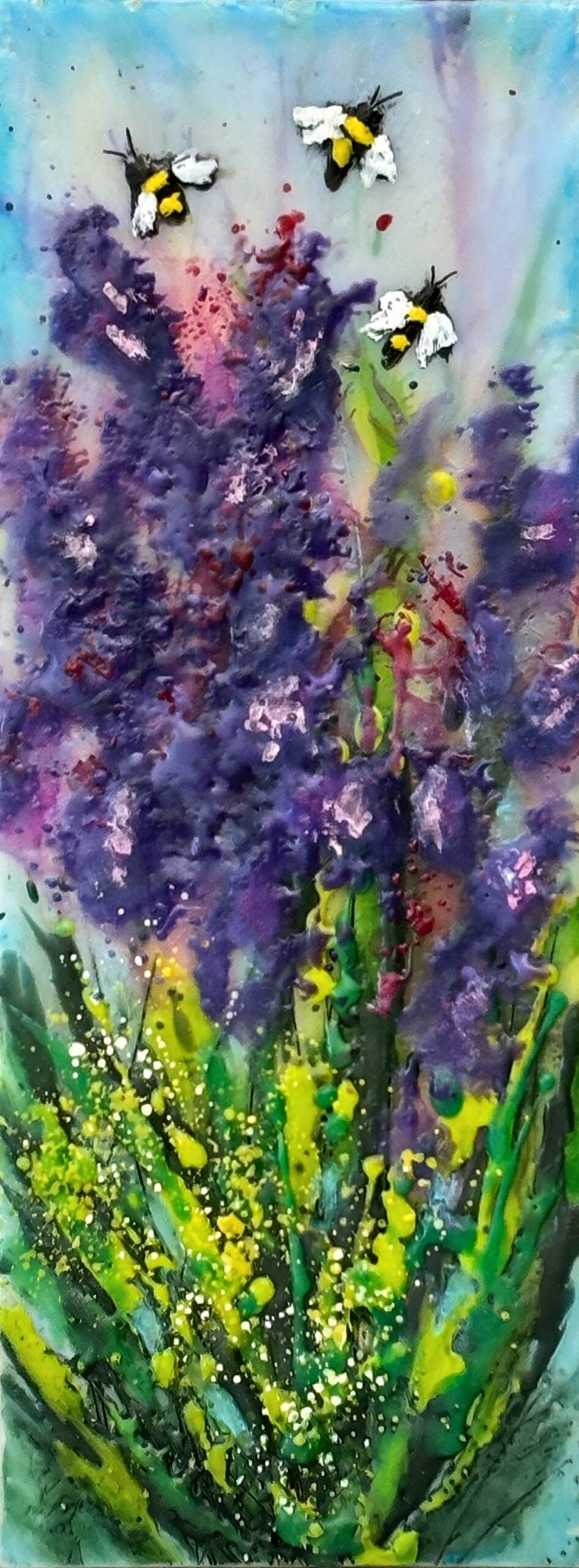 Buzzing in Lupine, original mini encaustic painting of bees and purple flowers by Canadian artist Cindy Obuck at Effusion Art Gallery in Invermere, BC.