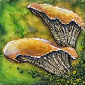 Chanterelle Music, original mini encaustic mushroom painting by Canadian artist Cindy Obuck at Effusion Art Gallery in Invermere, BC.