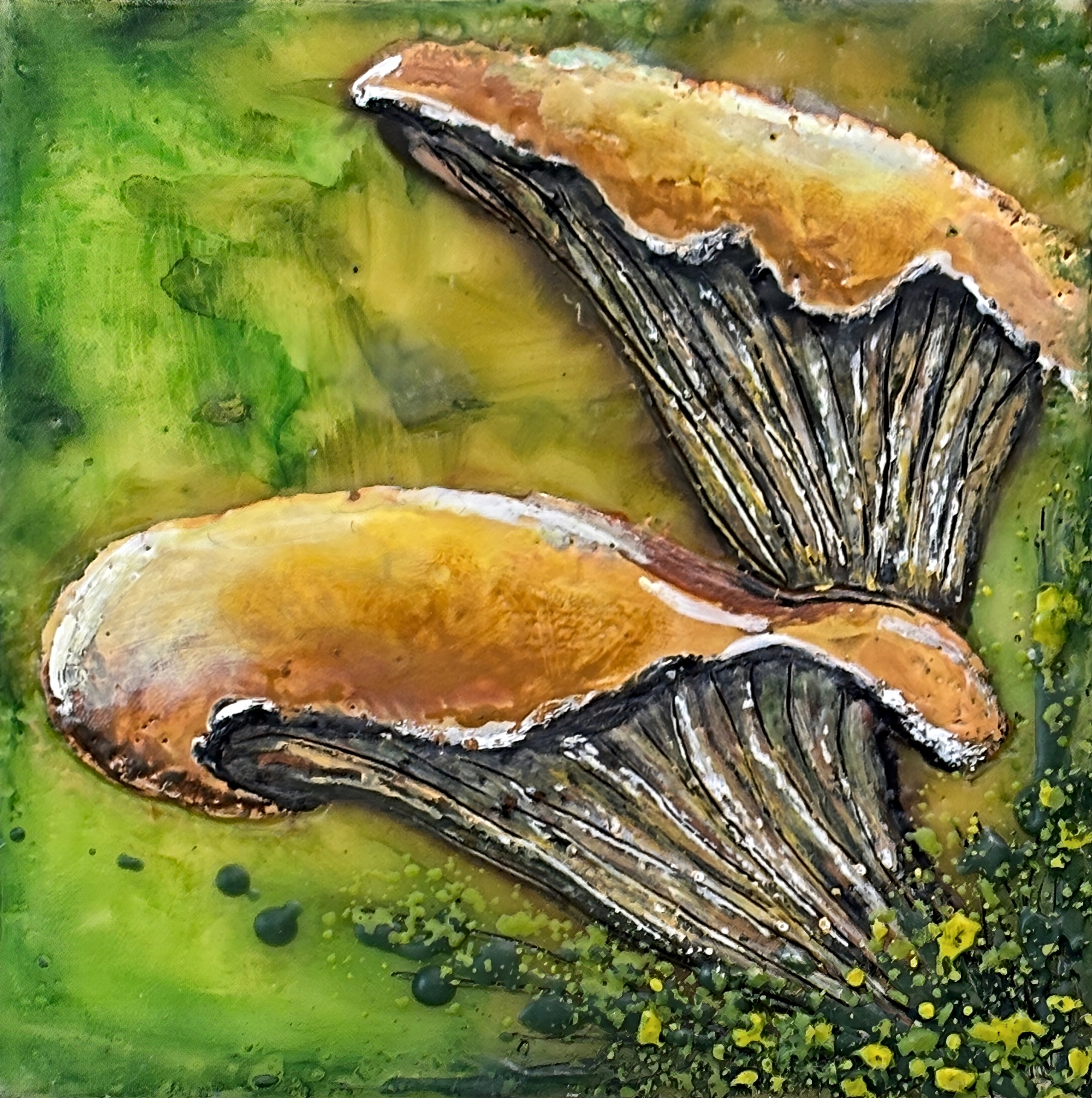 Chanterelle Music, original mini encaustic mushroom painting by Canadian artist Cindy Obuck at Effusion Art Gallery in Invermere, BC.