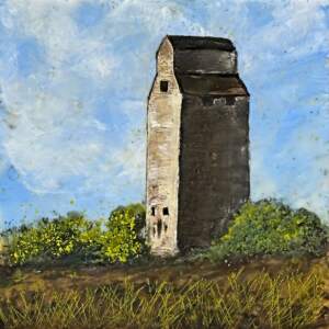 Fading Landmark, original mini encaustic grain elevator painting by Canadian artist Cindy Obuck at Effusion Art Gallery in Invermere, BC.