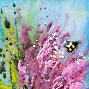 Fireweed Dreams, original mini encaustic painting of bees and pink flowers by Canadian artist Cindy Obuck at Effusion Art Gallery in Invermere, BC.