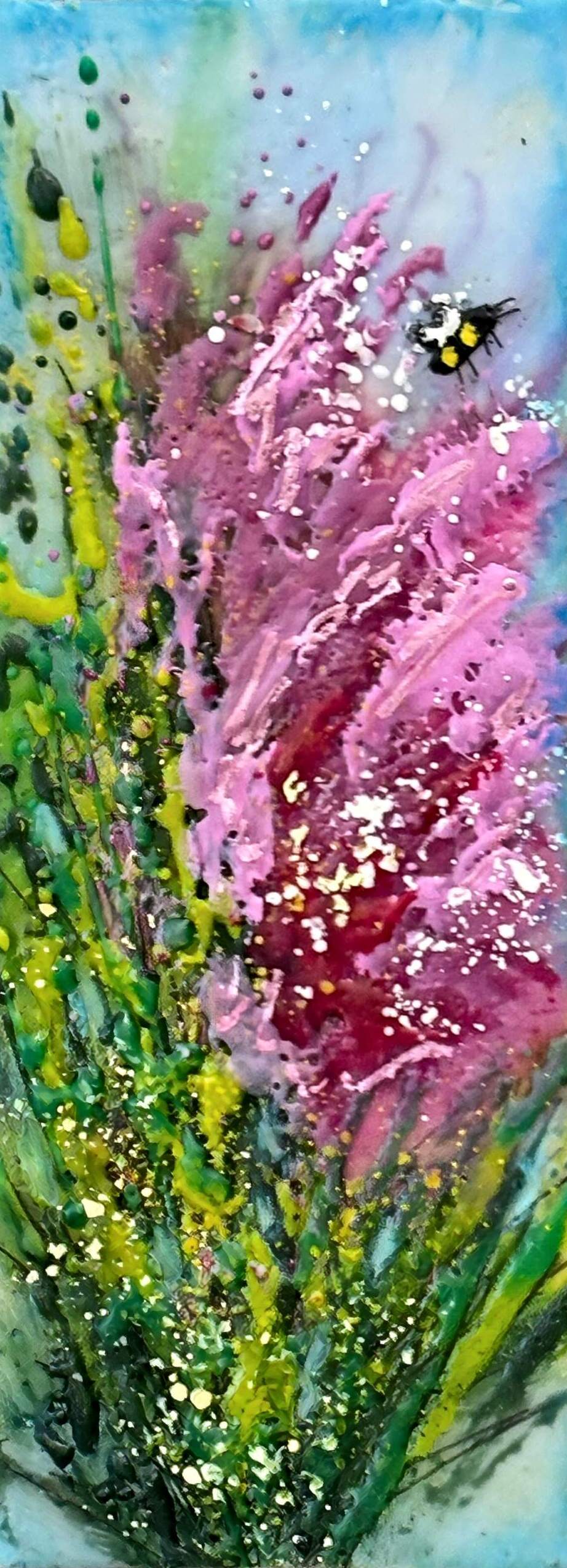 Fireweed Dreams, original mini encaustic painting of bees and pink flowers by Canadian artist Cindy Obuck at Effusion Art Gallery in Invermere, BC.