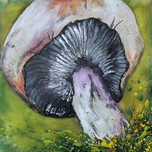 Forest Puffball, original mini encaustic mushroom painting by Canadian artist Cindy Obuck at Effusion Art Gallery in Invermere, BC.