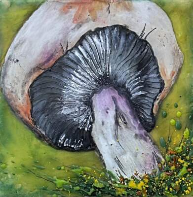 Forest Puffball, original mini encaustic mushroom painting by Canadian artist Cindy Obuck at Effusion Art Gallery in Invermere, BC.