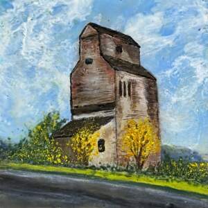Forgotten Giant, original mini encaustic grain elevator painting by Canadian artist Cindy Obuck at Effusion Art Gallery in Invermere, BC.