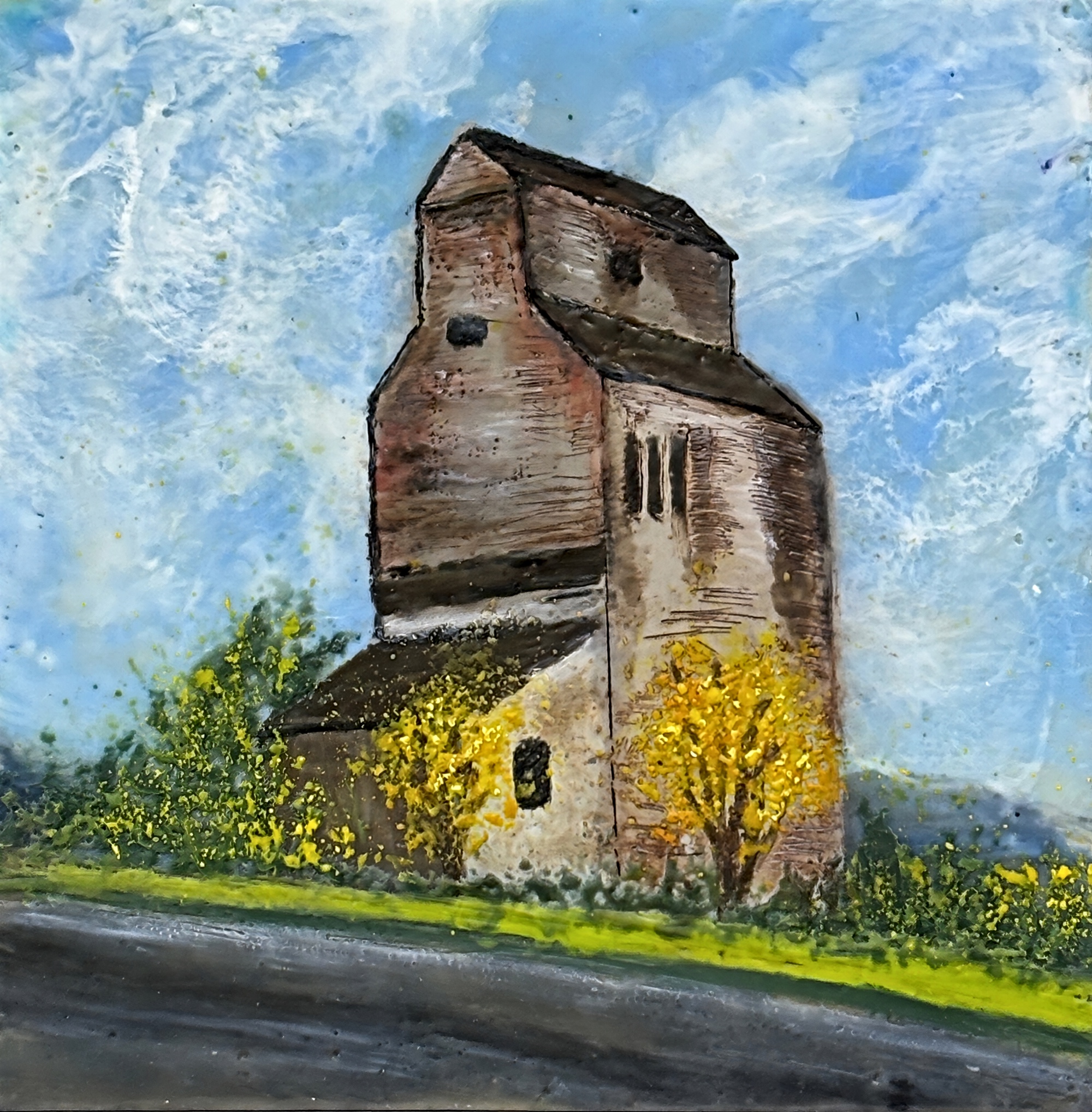 Forgotten Giant, original mini encaustic grain elevator painting by Canadian artist Cindy Obuck at Effusion Art Gallery in Invermere, BC.