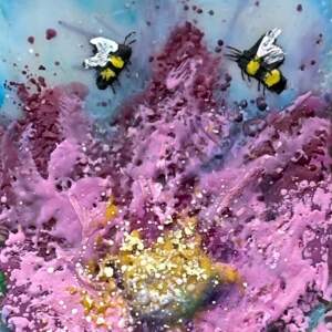 Honeyed Petals, original mini encaustic painting of bees and pink flowers by Canadian artist Cindy Obuck at Effusion Art Gallery in Invermere, BC.