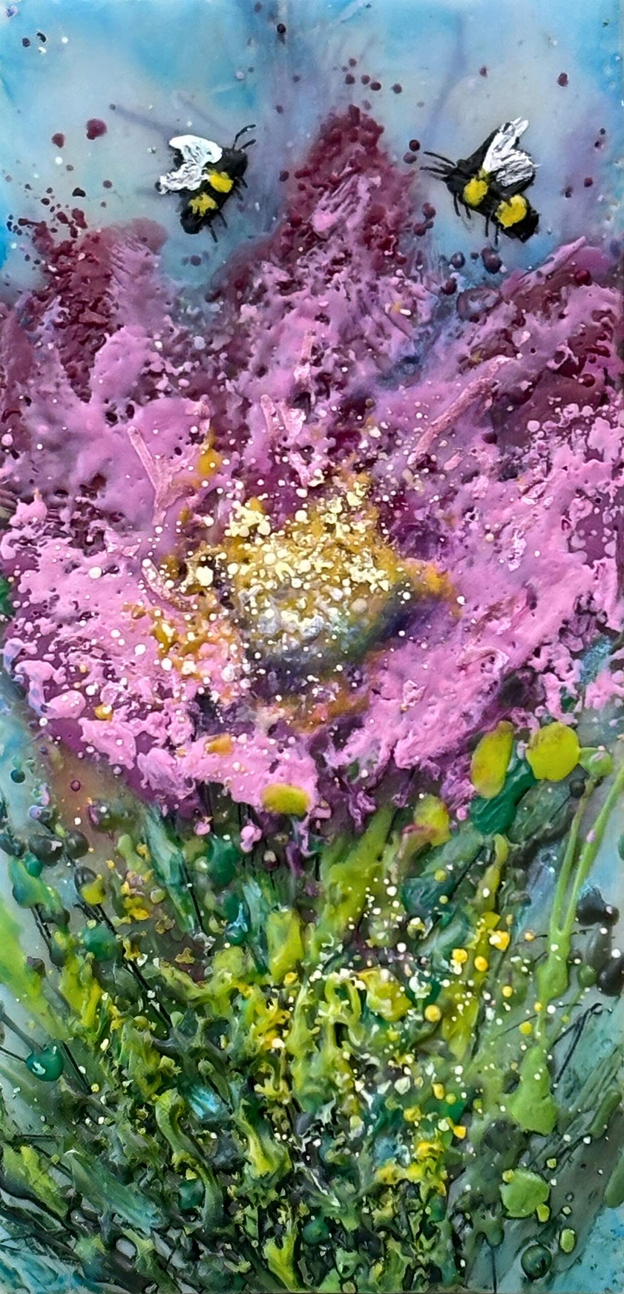 Honeyed Petals, original mini encaustic painting of bees and pink flowers by Canadian artist Cindy Obuck at Effusion Art Gallery in Invermere, BC.