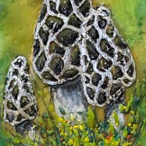 Morel Sentinels, original mini encaustic mushroom painting by Canadian artist Cindy Obuck at Effusion Art Gallery in Invermere, BC.