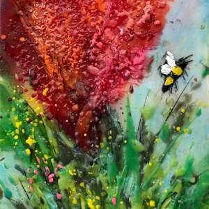 Petal Splash, original mini encaustic painting of bees and red flowers by Canadian artist Cindy Obuck at Effusion Art Gallery in Invermere, BC.