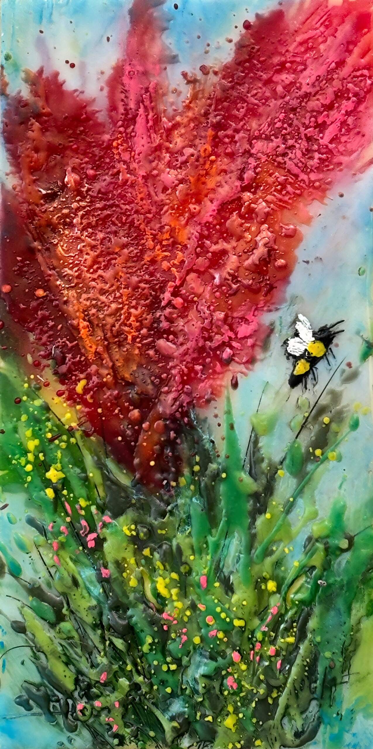 Petal Splash, original mini encaustic painting of bees and red flowers by Canadian artist Cindy Obuck at Effusion Art Gallery in Invermere, BC.