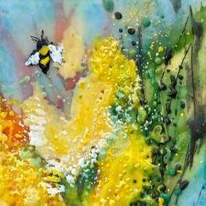 Sunlit Petals, original mini encaustic painting of bees and yellow flowers by Canadian artist Cindy Obuck at Effusion Art Gallery in Invermere, BC.