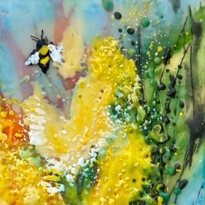 Sunlit Petals, original mini encaustic painting of bees and yellow flowers by Canadian artist Cindy Obuck at Effusion Art Gallery in Invermere, BC.