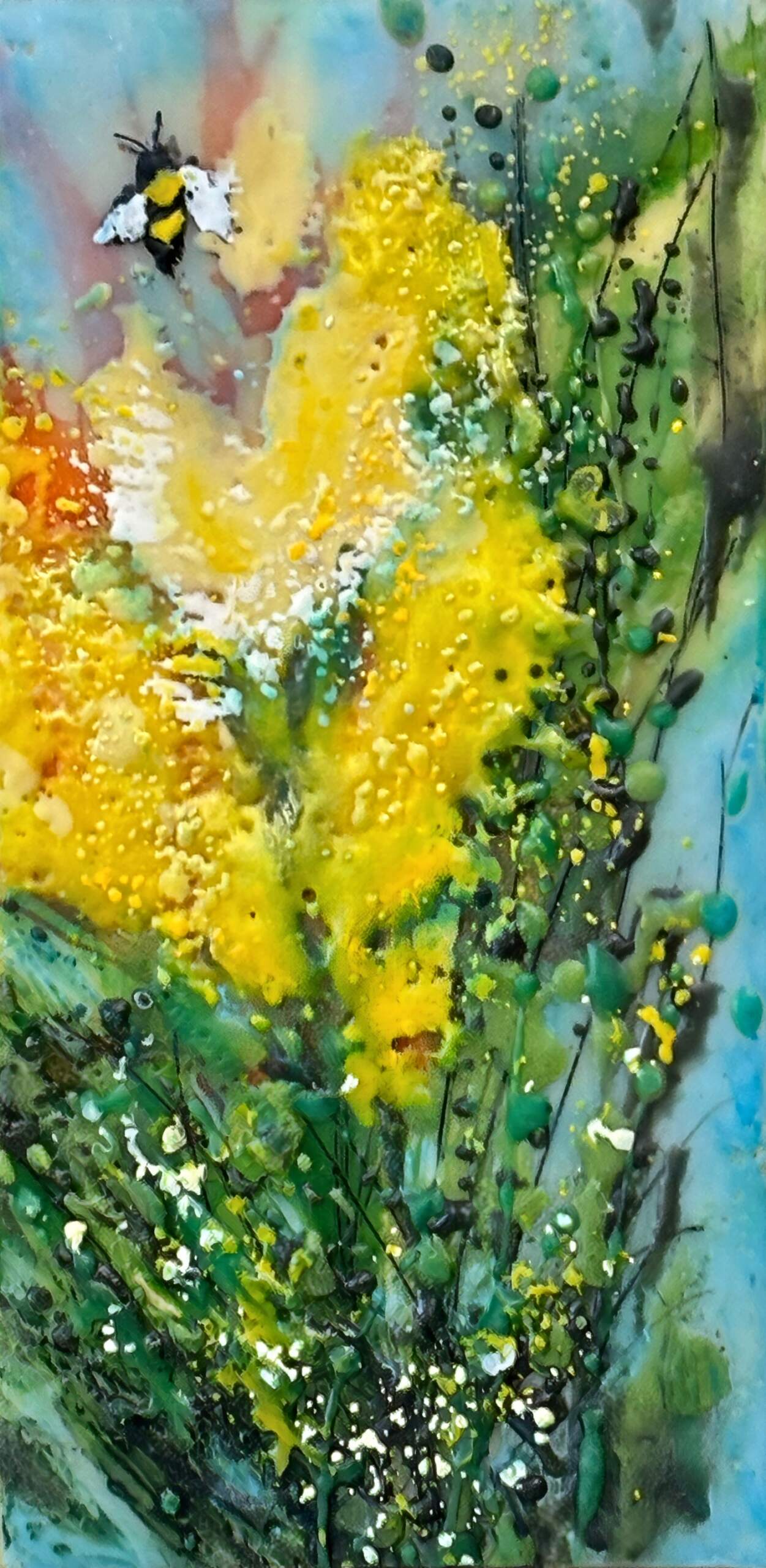 Sunlit Petals, original mini encaustic painting of bees and yellow flowers by Canadian artist Cindy Obuck at Effusion Art Gallery in Invermere, BC.