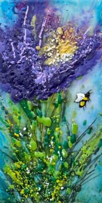The Daisy Path, original mini encaustic painting of bees and purple flowers by Canadian artist Cindy Obuck at Effusion Art Gallery in Invermere, BC.
