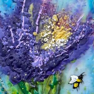 The Daisy Path, original mini encaustic painting of bees and purple flowers by Canadian artist Cindy Obuck at Effusion Art Gallery in Invermere, BC.