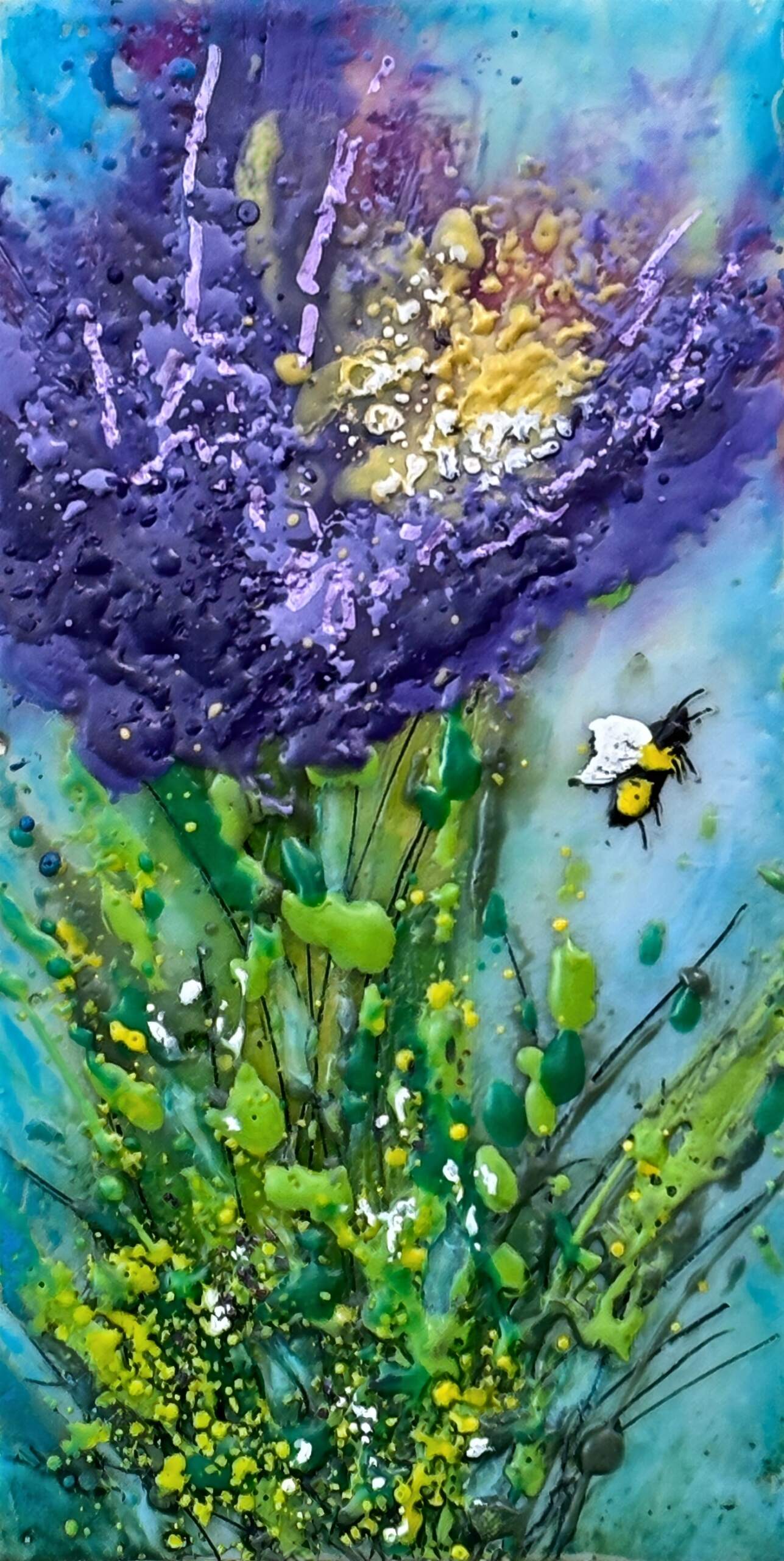 The Daisy Path, original mini encaustic painting of bees and purple flowers by Canadian artist Cindy Obuck at Effusion Art Gallery in Invermere, BC.