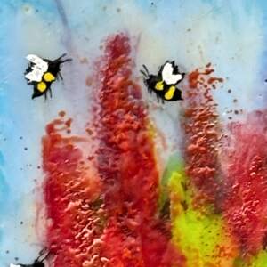 The Painter's Touch, original mini encaustic painting of bees and red flowers by Canadian artist Cindy Obuck at Effusion Art Gallery in Invermere, BC.