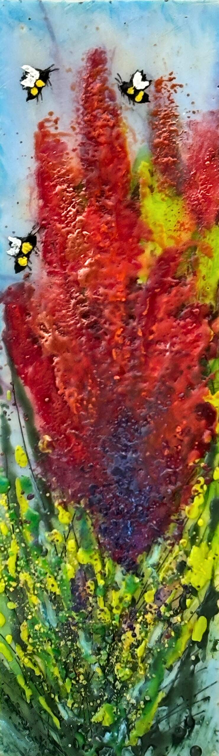 The Painter's Touch, original mini encaustic painting of bees and red flowers by Canadian artist Cindy Obuck at Effusion Art Gallery in Invermere, BC.