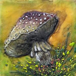 The Tiny Toadstool, original mini encaustic mushroom painting by Canadian artist Cindy Obuck at Effusion Art Gallery in Invermere, BC.