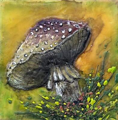 The Tiny Toadstool, original mini encaustic mushroom painting by Canadian artist Cindy Obuck at Effusion Art Gallery in Invermere, BC.