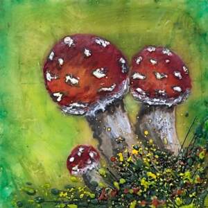 Trio of Fly Agaric, original mini encaustic mushroom painting by Canadian artist Cindy Obuck at Effusion Art Gallery in Invermere, BC.
