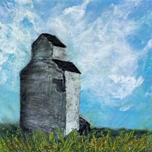 Weathered Memories, original mini encaustic grain elevator painting by Canadian artist Cindy Obuck at Effusion Art Gallery in Invermere, BC.